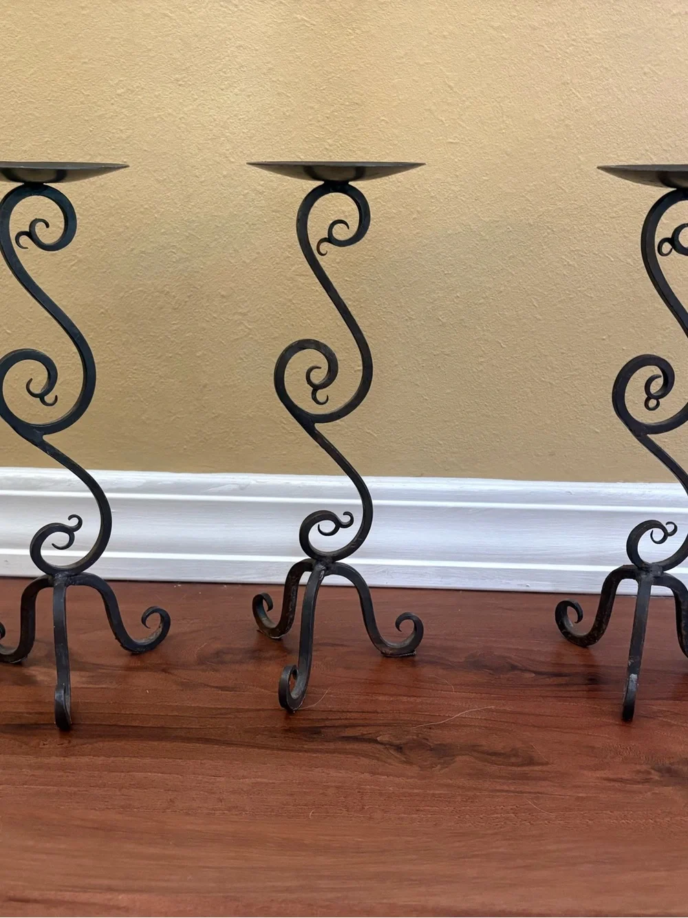 Brown Wrought Iron Scroll Candle Holders - Set of 3